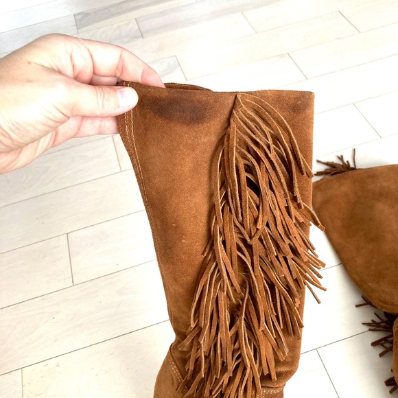 ALDO Fringe Wedge Boots - Cognac Brown Faux Suede - Size 36 - Picture 5 of 14